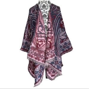 Marc New York Andrew Marc Paisley Wine Poncho Wrap Leather tie Tassels One Size